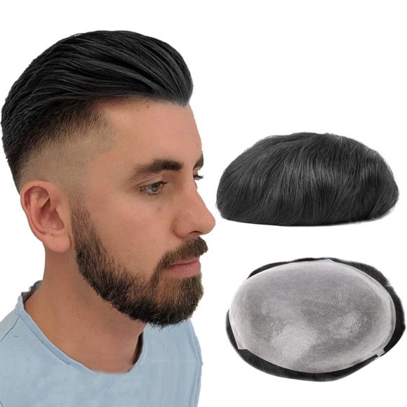 New Men's Toupee, V-Loop, Human Hair - Jet Black - Men's Wig, Hair Piece